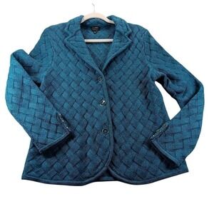 Talbots Cardigan Sweater Womens Large Blue Merino Wool Collared Textured Knit